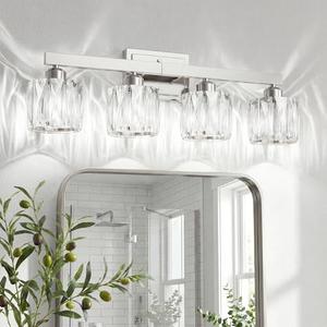 VOLISUN Crystal Vanity Lights for Bathroom, 4 Light Bathroom Vanity Light, Modern Stainless Steel Bathrooms Lights Over Mirror, Chrome Bathrooms Lights Fixtures-UL Certificated(Exclude Bulb)