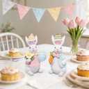 Hodao Easter Bunny Figurines Set of 2 Decor, Spring Decorative Rabbit Couple with Colorful Cake, and Easter Eggs Tabletop Home Decoration for Living Room, Entryway (Blue-pink)