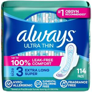 Always Ultra Thin, Size 3 Extra Heavy Long Absorbency, Multipack, with Wings, Unscented, 38 Count x 3 Packs (114 Count Total)