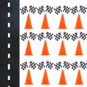 7inch Orange Racing Traffic Cones With Holes on Top,Checkered Flags,Racetrack Floor Runner,Race Car Birthday Party Supplies,Racing Car Table Centerpiece Decorations 38PCS
