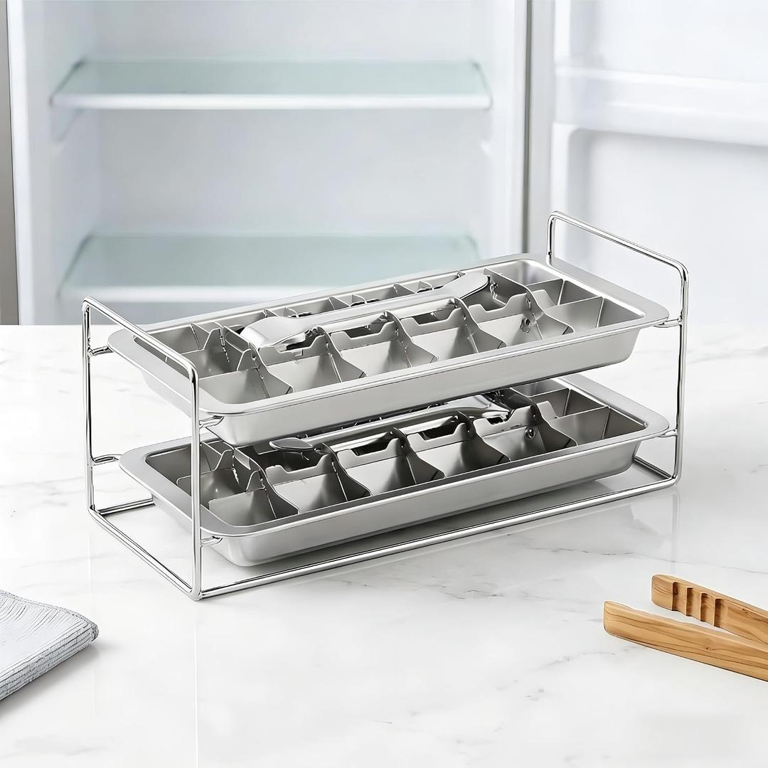 Stainless Steel Ice Cube Tray - 2 Pack-Large 36-Cavity Easy-Release Lever for Whiskey & Cocktails, Stackable Plastic-Free Freezer Mold, Rustproof & Dishwasher Safe