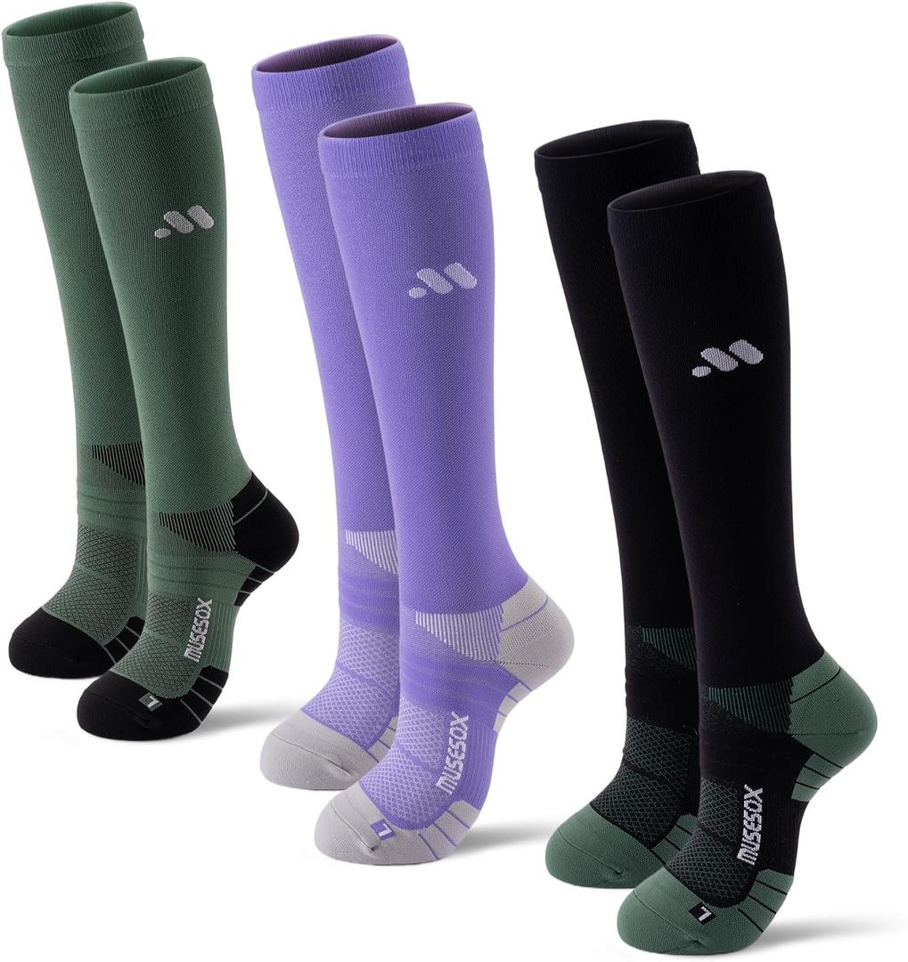 Compression Socks for Women and Men,Knee High 15-20mmHg Graduated Circulation Support(3 Pairs)for Nurses,Pregnant,Travel (Small, A05-black/Purple/Green)