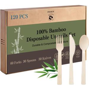 100% Bamboo Cutlery Set Disposable Compostable Utensils With Forks, Spoons And Knives - Eco-Friendly Biodegradable Party Cutlery (120 Assorted Set)