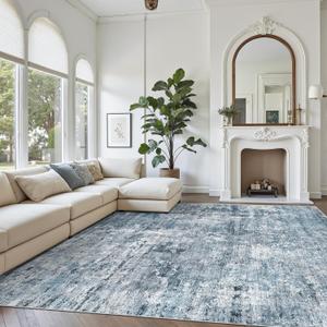Soalmost 10x12 Area Rugs for Living Room Washable Rug Abstract Blue/Grey | Non-Slip Large Modern Carpet for Dining Bedroom, Soft Low Pile Lightweight Foldable Floor Mat Nursery Home Office Decor