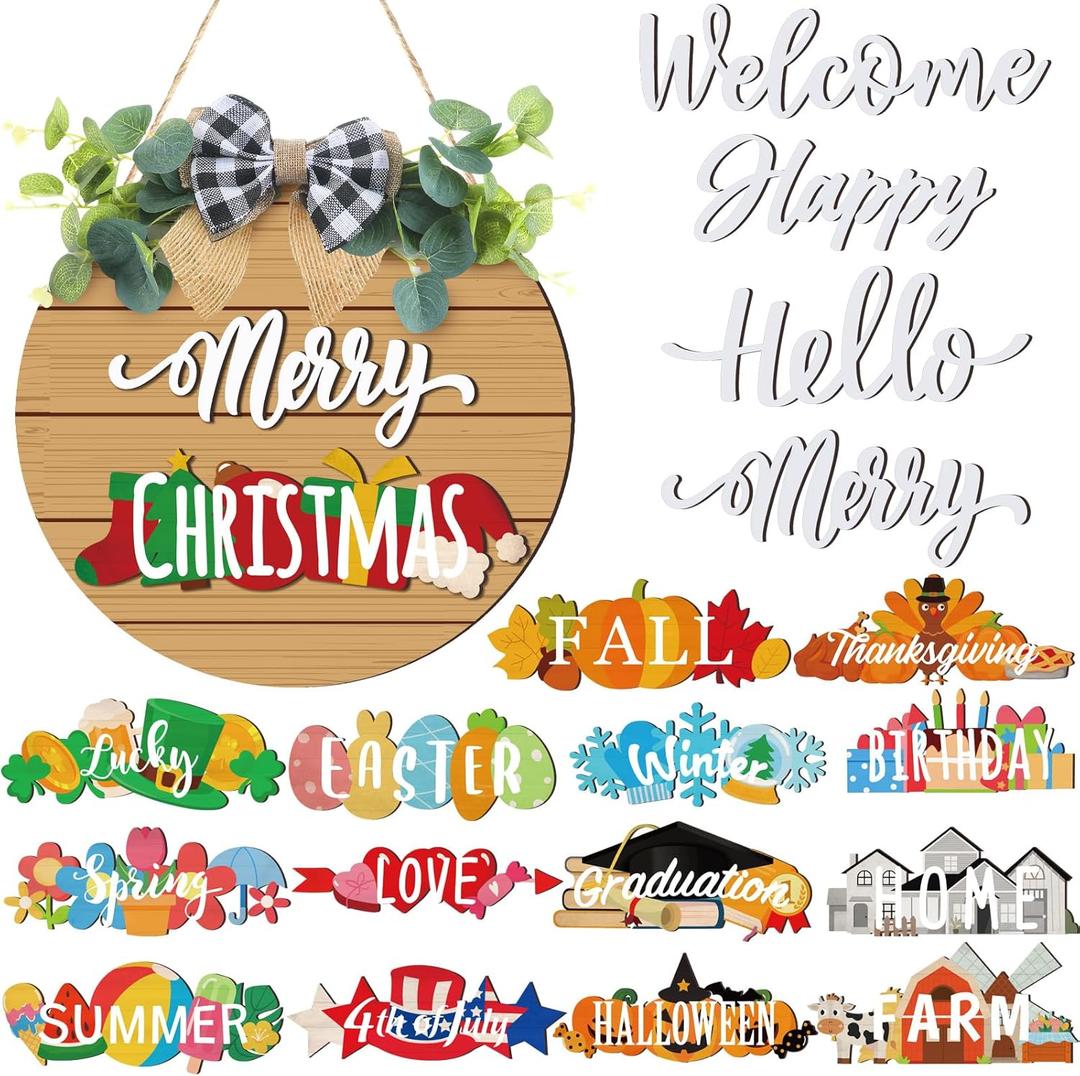 20 Pcs Interchangeable Welcome Sign for All Seasons Seasonal Front Door Decor with 4 Sign and 14 Changeable Icons Farmhouse Front Porch Rustic Holiday Wooden Door Decor (Brown)