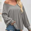 Fisoew Womens Oversized Sweatshirts Casual Deep V Neck Lantern Long Sleeve Fall Pullover Tops (Gray)