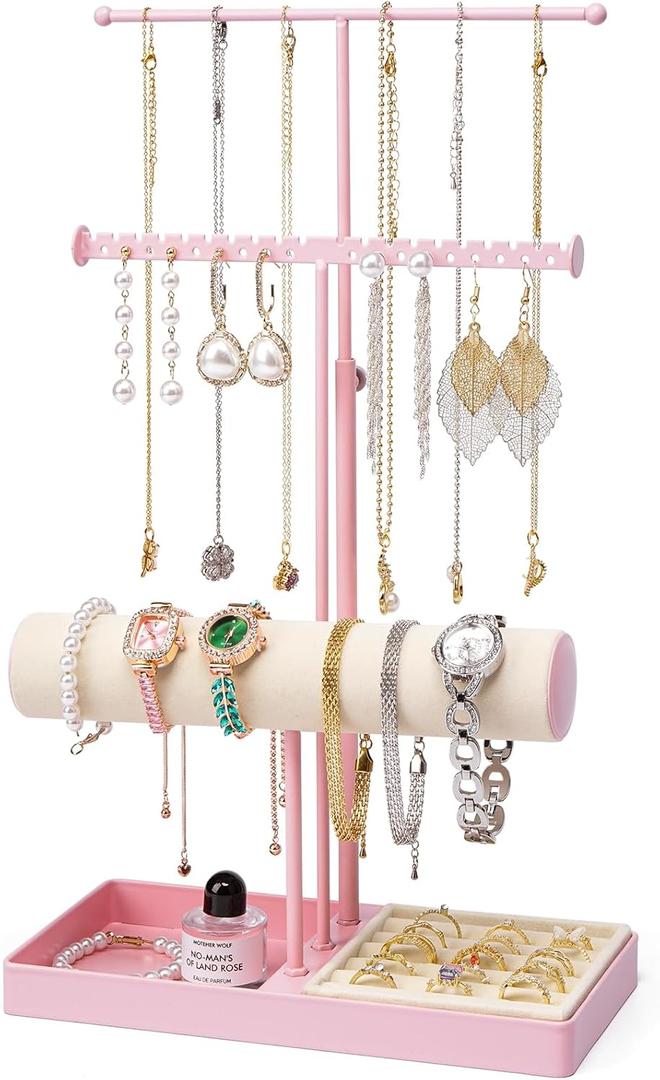 Pink Jewelry Organizer Stand, 3-Tier Necklace & Bracelet Holder with Velvet Ring Tray, Cute Aesthetic Jewelry Tree Storage Rack for Earrings & Rings  Perfect for Women & Girls