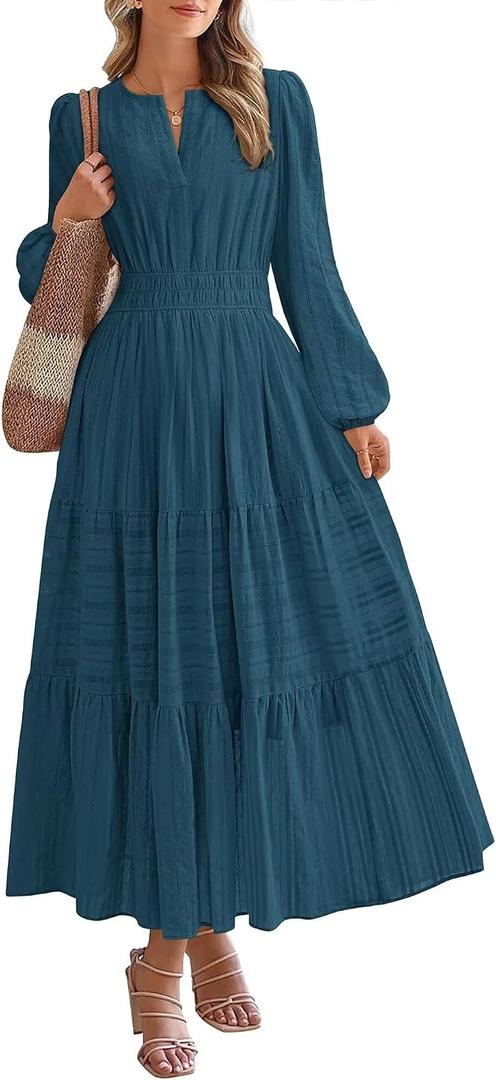 Women's Long Sleeve Maxi Dress with Pockets Spring Fall 2026 V-Neck Flowy Casual Wedding Guest Dress Elastic Waist (L)