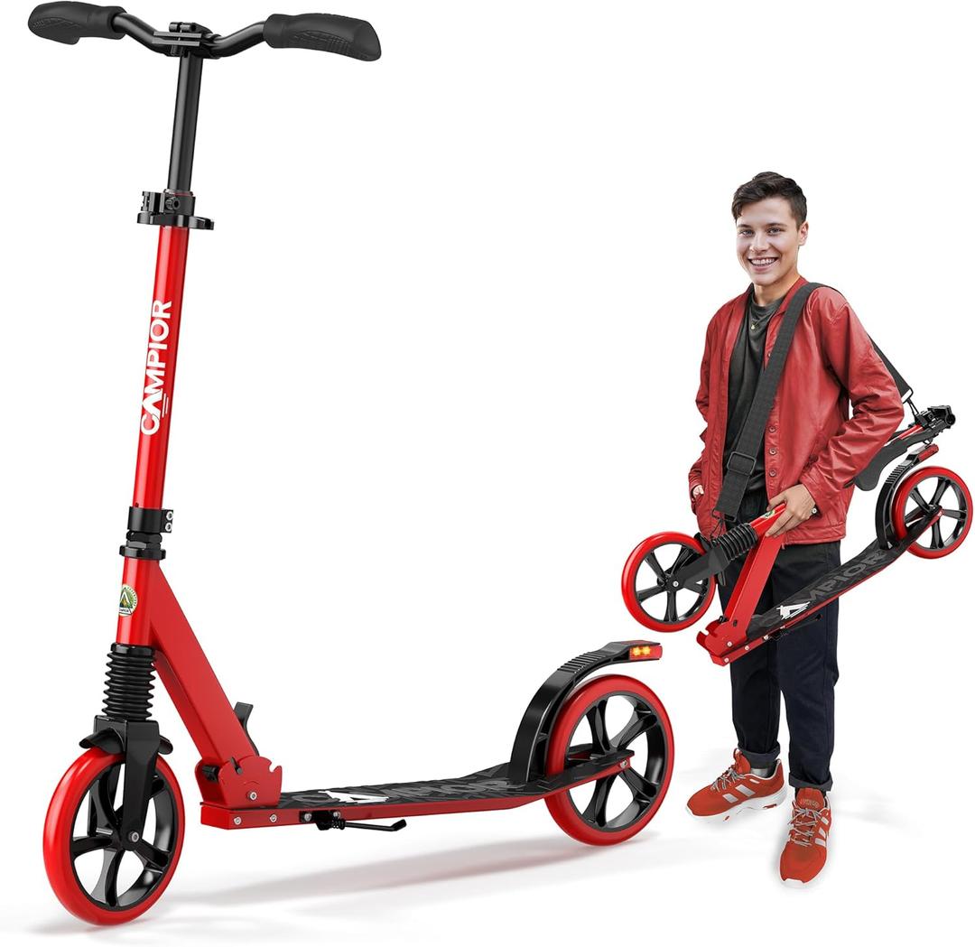 Campior Kick Scooter for Ages 6+, for Kids, Teens, and Adults, Max Load 240 LBS, Foldable, 8-inch Big Wheels for Kids and Adults, with Kickstand, 3 Adjustable Levels, Child Safety Approved, Red