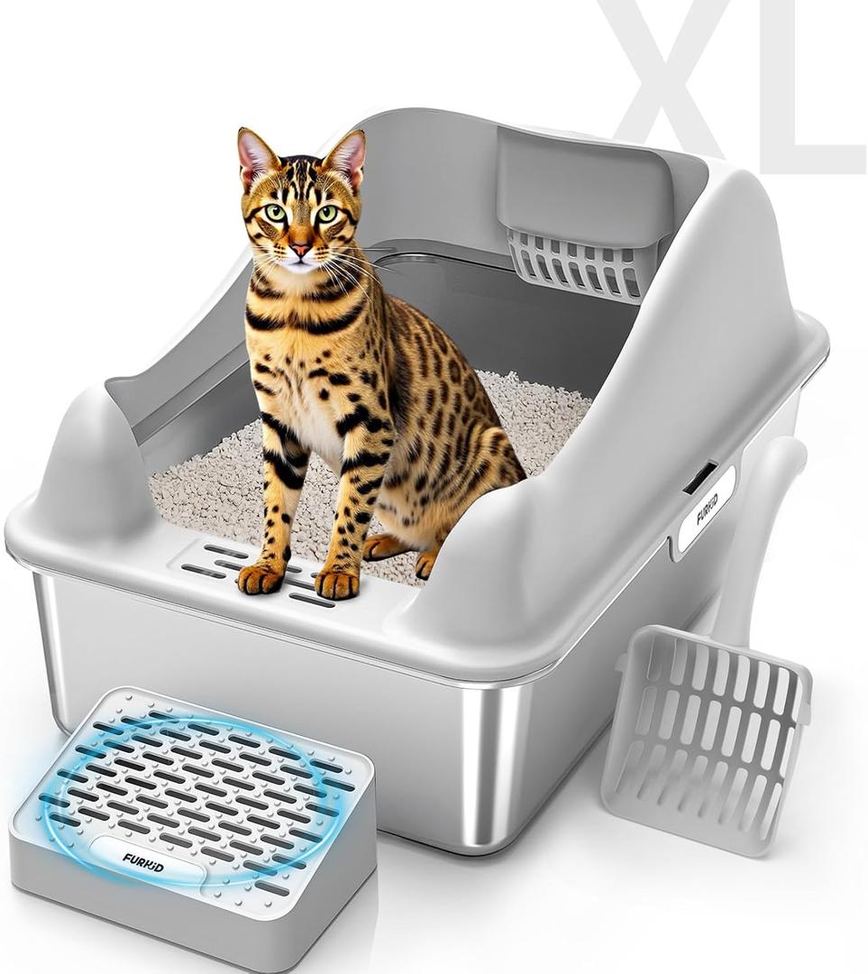Furkid Stainless Steel Cat Litter Box with Lid, XL Extra Large Litter Box for Big Cats, High Sided Kitty Metal Pan with Pedal Filter and Scoop, Non-Sticky&Anti-Leakage Easy Cleaning Gray