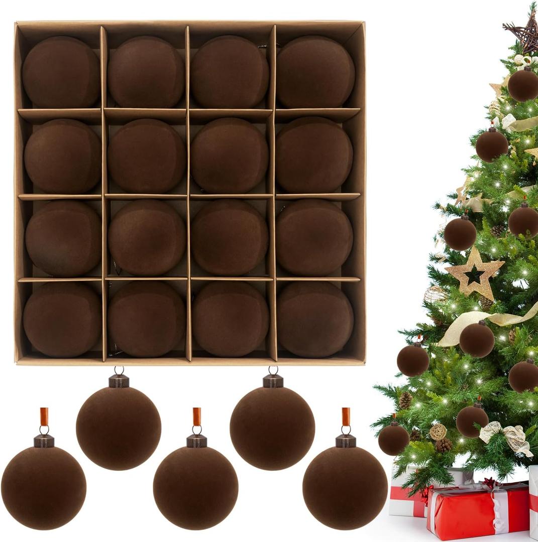 3.15" Brown Velvet Christmas Ball Ornaments Set, 16 pcs Flocked Brown Xmas Tree Decoration, Large Shatterproof Decorative Hanging Balls for Party Holiday Wreath Garland Home Décor