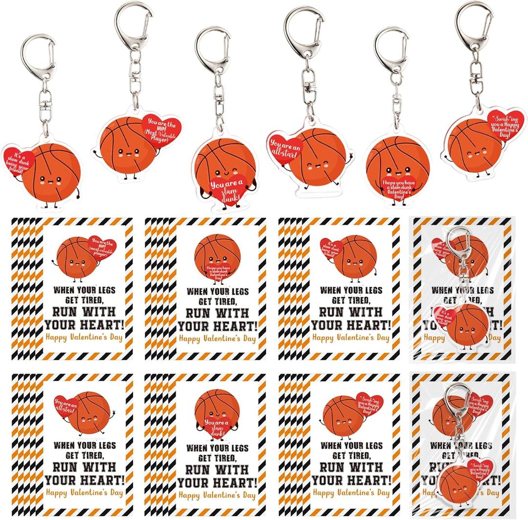 24 Sets Sport Valentines Gifts Bulk Basketball Soccer Baseball Volleyball Football Valentines Exchange Cards and Keychains (Basketball)