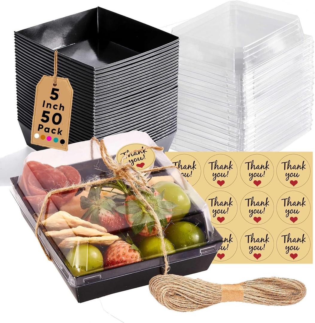 50 Pack Small Charcuterie Boxes with Clear Lids - To Go Paper Mini Charcuterie Box, Disposable Food Containers, 5Inch Dessert Boxes - Sandwich, Cookie, Sushi, Cake Slice, Strawberries (Black)