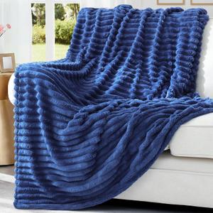 decorUhome Soft Fleece Navy Blue Throw Blanket for Couch, Cozy Fluffy Plush Flannel Striped Blanket for Sofa Bed, Lightweight Decorative Ribbed Fuzzy Blanket for Woman, 50x60 Inches
