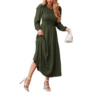 dowerme Women's Dresses 2026 Spring Puff Long Sleeve Crewneck Smocked Tiered Flowy A-Line Boho Wedding Party Maxi Dress (Medium)