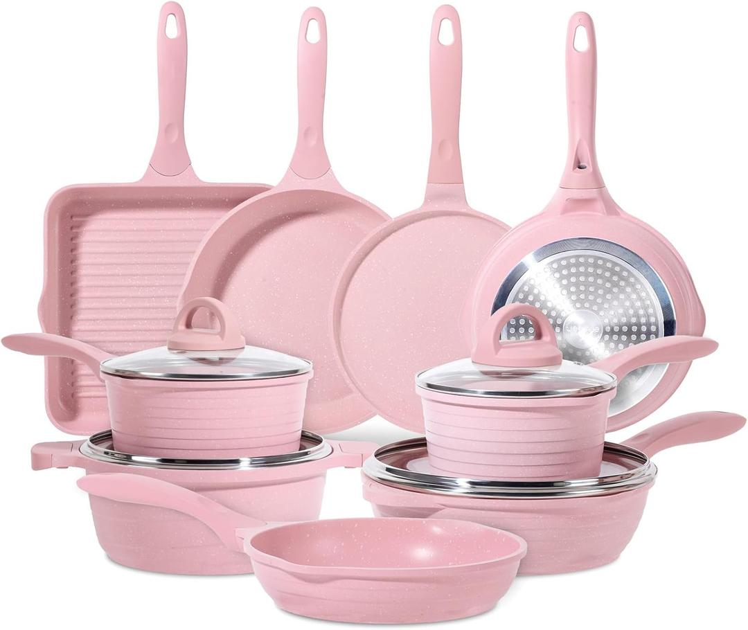 JEETEE Pink Pots and Pans Set Nonstick 23pcs, Healthy Kitchen Cookware Sets, Induction Cooking Set Pink Frying Pans, Saucepans, Saut & Griddle & Crepe Pan (PFOA Free)