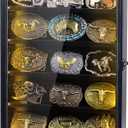 Belt Buckle Display Case, 5 Belt Buckle Holders Included, 17x12 Black Shadow Box with LED Light, Wall-Mounted Men's Belt Clip Storage Box, Lockable, 17x12x3 inches