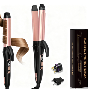 2 in 1 Curler and Straightener Travel Dual Voltage Curling Iron 1.25 Inch Normal Size Hair Curler Ceramic with EU/UK Plug Adapter for Travel Curling Wand Adjustable Temperature and Anti-Tangle 