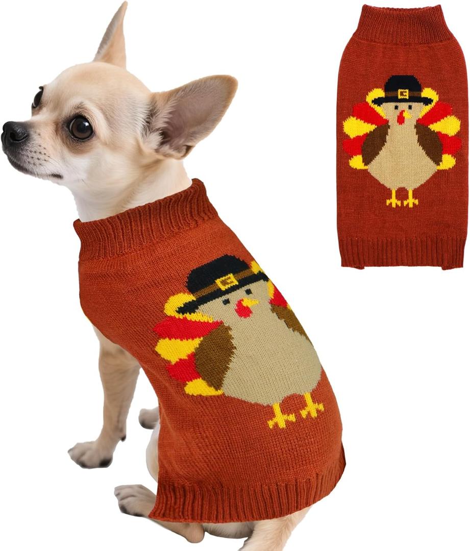 Thanksgiving Dog Sweater, Knitted Dog Thanksgiving Fall Holiday Sweaters Outfit Clothes for Small Medium Large Dogs Pets (Turkey, Small)