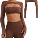 YEOREO Seamless Long Sleeve Shrug for Women Gym Crop Top Workout Cropped Sports Bolero (X-Small, Deep Brown)
