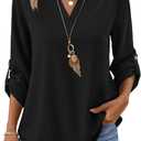 XIEERDUO 3/4 Length Sleeve Womens Tops V Neck T Shirts Both Side Buttons Blouses Business Casual Outfits Loose Fit (Black, XXL)