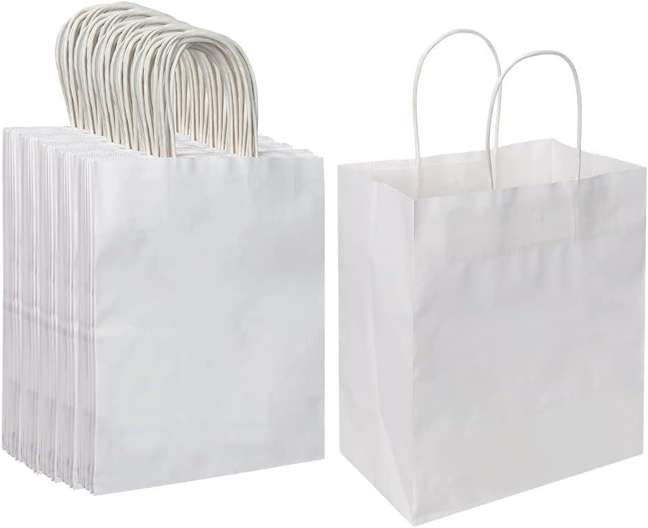 Oikss 100 Pack 8x4.75x10 Inch Medium White Kraft Paper Bags with Handles Bulk for Birthday Wedding Party Favors Grocery Retail Shopping Business Takeout Goody Craft Gift Bags Sacks, (100pcs Count)