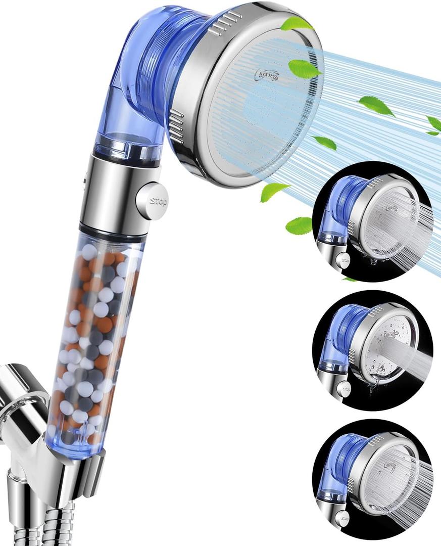 Luxsego Filtered Shower Head for Hard Water with Stop, High Pressure 4-Mode Shower Heads Built-in Power Spray to Clean Corner, Tub & Pets, Water Softener Handheld Shower to Remove Chlorine & Fluoride