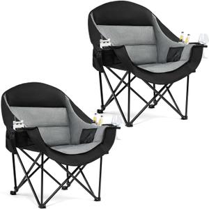 Oversized Camping Chair for Adults - Heavy Duty Outdoor Padded Large Lawn Camp Chair with Cup Holder Cooler Pockets for Sports Beach Fishing Garden Portable Supports 500lbs, Black/Grey 2 Pack, Twin Pack 
