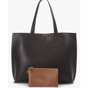 Reversible Tote Bag - Vegan Leather Womens Shoulder Tote with Wristlet