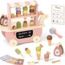OOOK Wooden Ice Cream Cart for Kids, Ice Cream Truck Toy with Scooper & Wheels, Play Kitchen Accessories for Pretend Play with Menu & Pretend Money, Imaginative Preschool Toys for Girls & Boys 3+