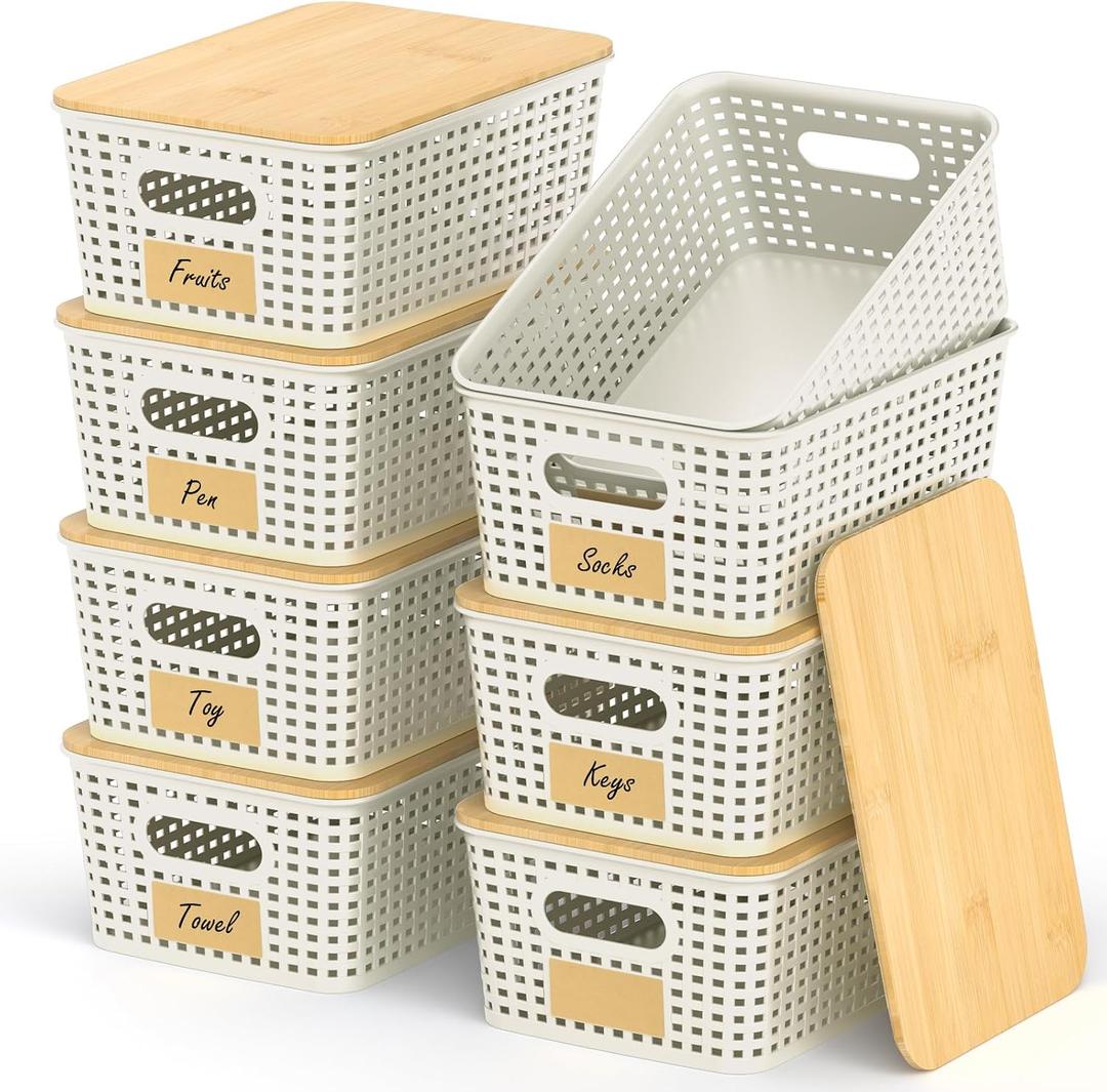 Stackable Storage Basket: Plastic Baskets Bins, Baskets for Organizing, Pantry Decorative Containers for Closets, Cabinets, Shelves(8 Pack, White)