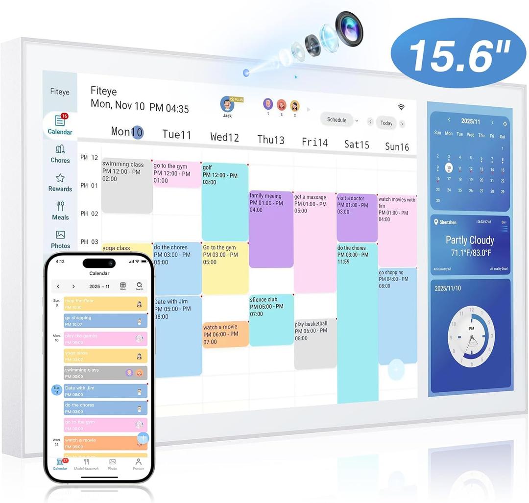 15.6" Smart Digital Calendar with Camera & HD Smart Touch Screen, Electronic Digital Wall Planner with Split-Screen | Sync Calendars, Chore Chart, Meal Plan & Video Calls | Includes Wall Mount