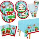 Christmas Party Supplies - Christmas Santa-Themed Disposable Paper Plates, Napkins and Cups Set with Waterproof Plastic Tablecloth - Perfect Party Decorations，Serve 25