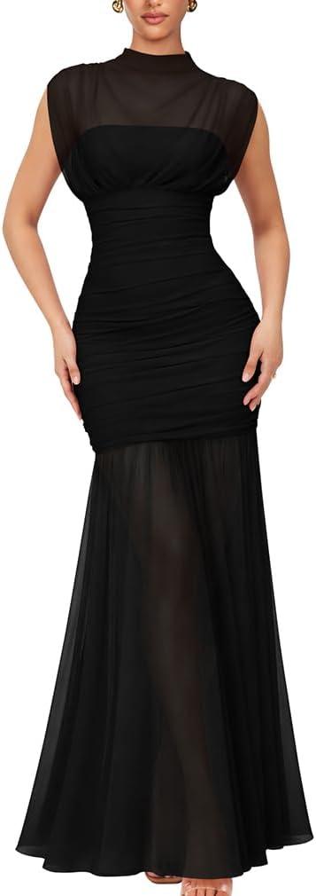 LAGSHIAN Women's Elegant Formal Long Dress Sleeveless Mesh High Neck Ruched Cocktail Party Maxi Dress, L