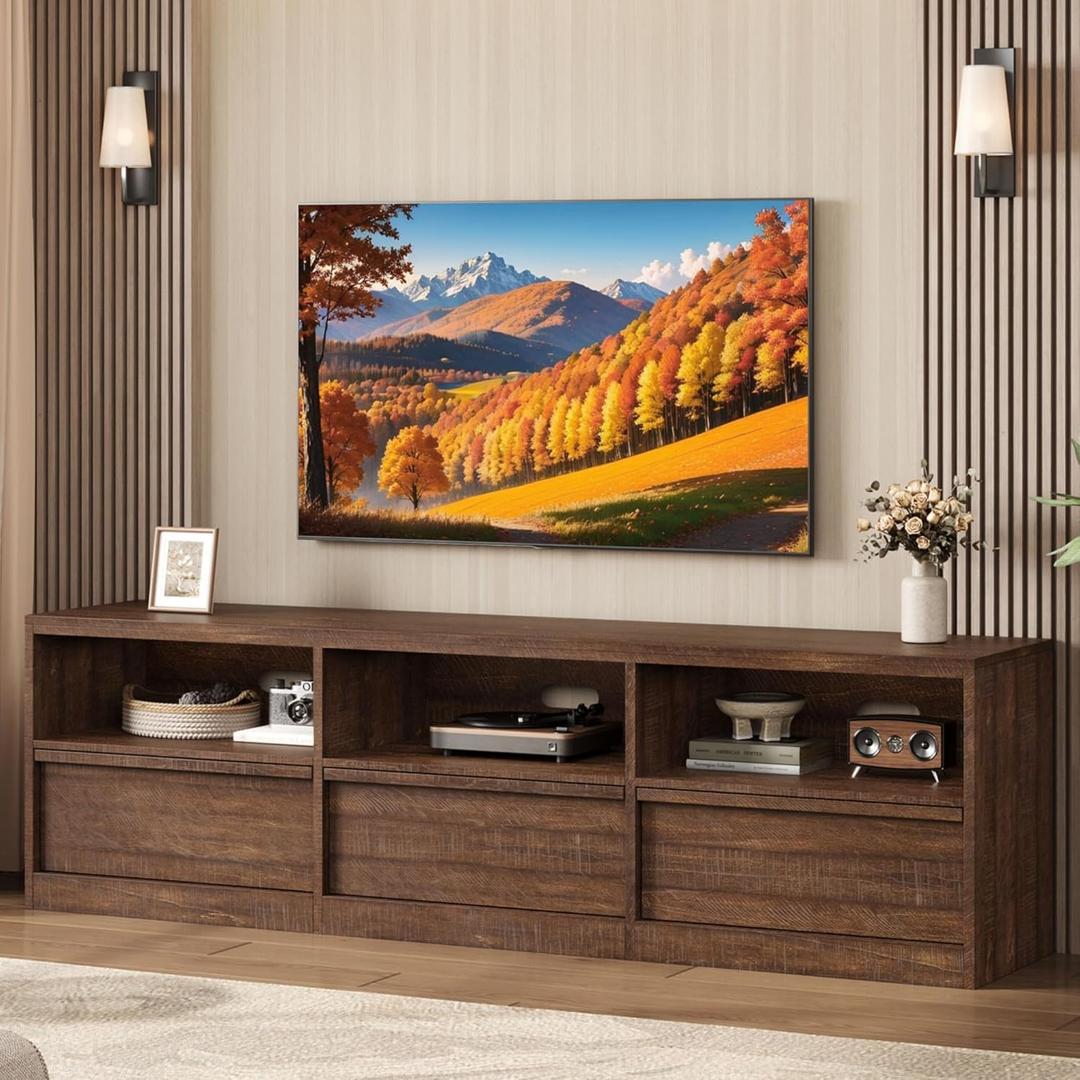 GarveeHome 70in TV Stand for TVs up to 85", Mid Century Modern Entertainment Center with Storage Drawer & Open Shelves, Heavy Duty Media Console for Living Room and Bedroom, Vintage