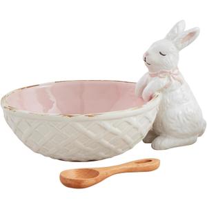 Mud Pie Bunny Candy Dish Set Serving & Salad, bowl 4" x 5" | spoon 3 1/2", Pink