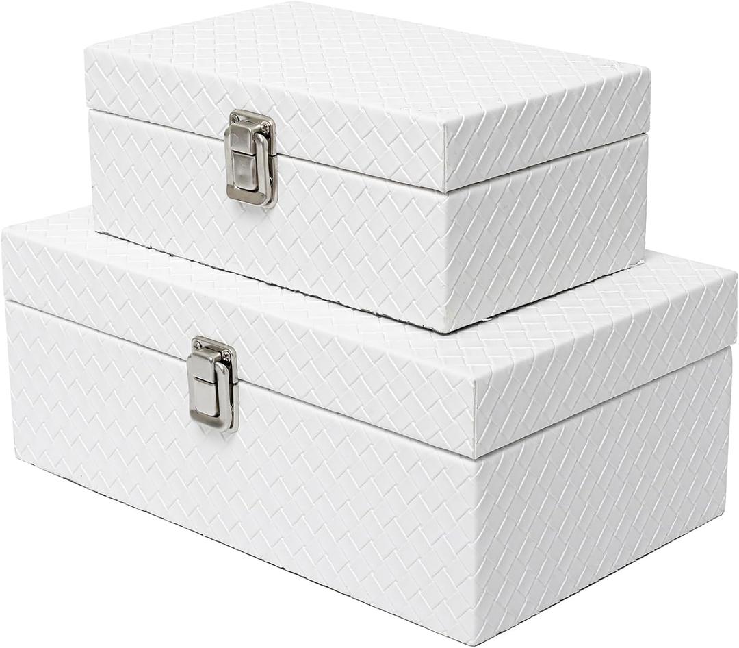 Faux Leather Decorative Jewelry Storage Organizer Boxes Set of 2, White
