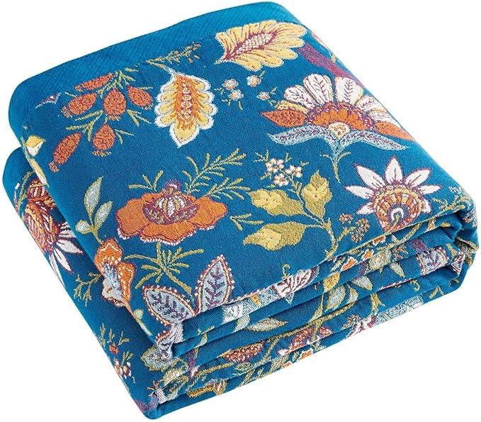 XIBLC Summer Throw Blanket, 80"x90" Reversible Bohemian Flower Blanket, 100% Cotton Muslin Breathable Woven, Farmhouse Decorative Throw Blanket, Color: V-blue Throw