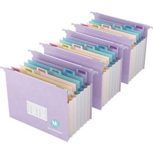 Expanding Hanging File Folders for Filing Cabinet, 7 Accordion Pockets, 1.2'' Expandable, Multi-Color Tabs, Letter Size, 50% Wheat Straw, 3 Pack (Lavender)