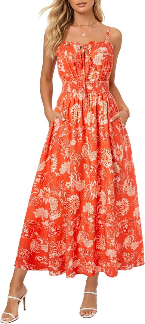 GRACE KARIN Womens Summer Clothes 2026 Boho Floral Maxi Long Dresses Spaghetti Straps Casual Beach Sundress with Pockets Orange Floral XL