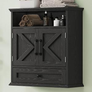 Bathroom Wall Cabinet, Wall Mounted Medicine Cabinet with Drawer, Barn Door & Adjustable Shelf, 24.4"H x 23.6"W x 9"D Black Over Toilet Farmhouse Storage Cabinet for Kitchen, Laundry, Entryway
