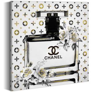 summer melody Perfume Bottles Canvas Wall Art Chic & Trendy Floral Theme Decorative Painting 12"x12" Black and White Fashion Picture Modern Artwork for Girls Room Bedroom Makeup Room