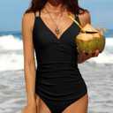 Charmo Tummy Control One Piece Swimsuits for Women Ruched Bathing Suits Strappy V Neck Monokini (Black, XS)
