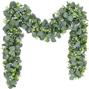 Waipfaru 2Pcs Eucalyptus Garland, 5.9FT Greenery Garland, Green Garland with Flowers, Artificial Faux Silver Dollar Eucalyptus Leaves Vines for Table Home Wedding Mantle Party Indoor Outdoor Decor