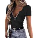 Women's Summer Short Sleeve Shirt Half Zip Ribbed Knit Fitted Tee Top T Shirt (Large, Black)