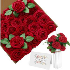 Red Roses Artificial Flowers, 30PCS Fake Roses Bulk, Artificial Roses with Stems, Real Looking Faux Flowers with Rose Buds and Card, DIY Bouquets for Wedding, Party, Home Decorations