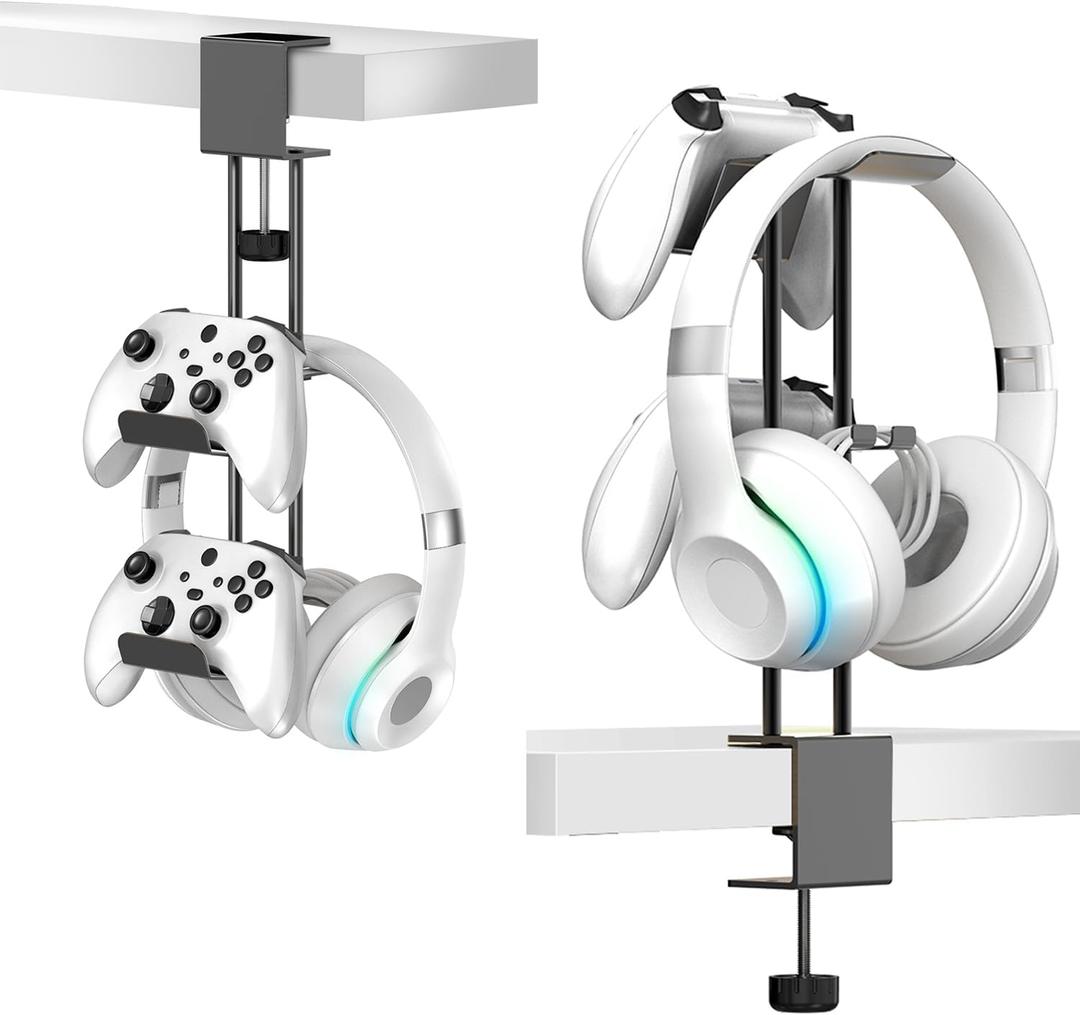 Headphone Stand with Controller Holder, Aluminum Under Desk Clamp Headset and Controller Stand - 2 in 1 Headphone Hanger for Desktop PC Gaming Accessories Organizer with PS5 Xbox Series S