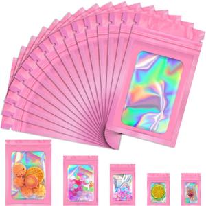 JETMORE 100 PCS Mylar Bags, Pink Holographic Bags, Resealable Bag for Small Business, Foil Pouch Bag for Food Storage, Bracelets, Jewelry3x5in