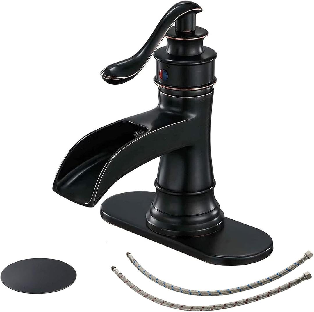 BWE Oil Rubbed Bronze Bathroom Sink Faucet with 1.2 GPM Flow Rate Waterfall Vanity Sink Faucet Single Handle Mixer Tap with Pop Up Drain Stopper Assembly Water Supply Hose