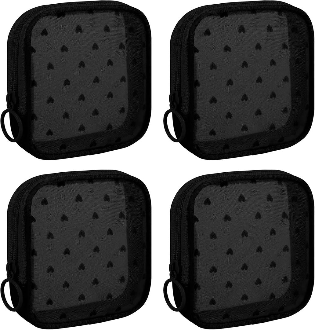 4 Pieces Mini Zipper Nylon Mesh Pouch, Mesh Cosmetic Bags Makeup Bags, Multipurpose Travel Toiletry Bags for Office Supplies and Travel Accessories (Heart Print-Black, S)